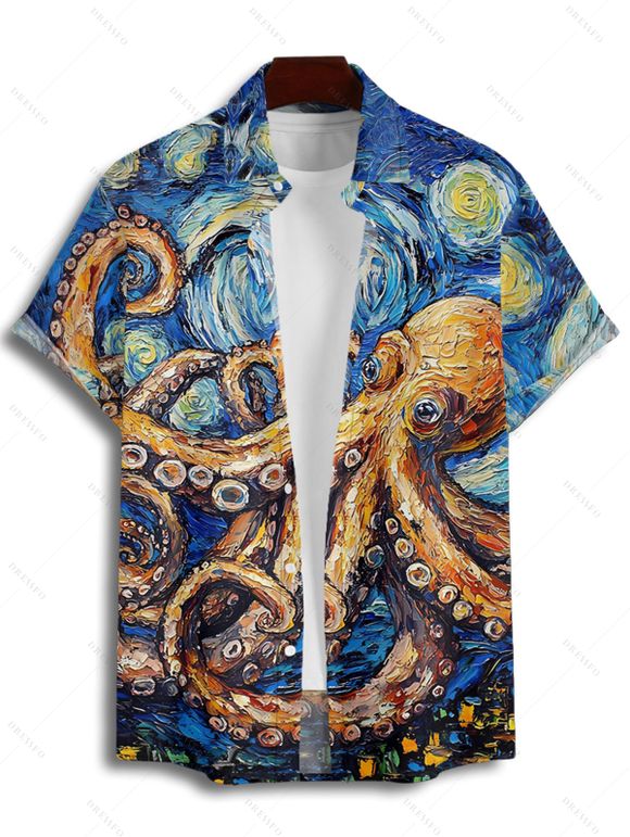 Vacation Couple Outfit Octopus Van Gogh Swirl Oil Painting Pattern Spaghetti Strap Tank Dress and Button Up Shirt Beach Matching Outfit - Bleu S | US 4