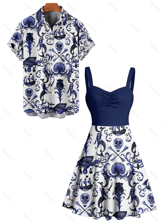 Gothic Couple Outfit Colorblock Skulls Marine Life Pattern Ruched Bust Sweetheart Neck A Line Mini Dress and Button Up Shirt Vacation Matching Outfit - Bleu profond S | US 4