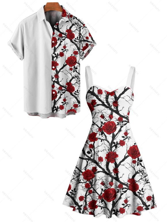 Gothic Couple Outfit Allover Rose Tree Branches Pattern Ruched Bust Sweetheart Neck A Line Mini Dress and Button Up Shirt Vacation Matching Outfit - Rouge foncé S | US 4