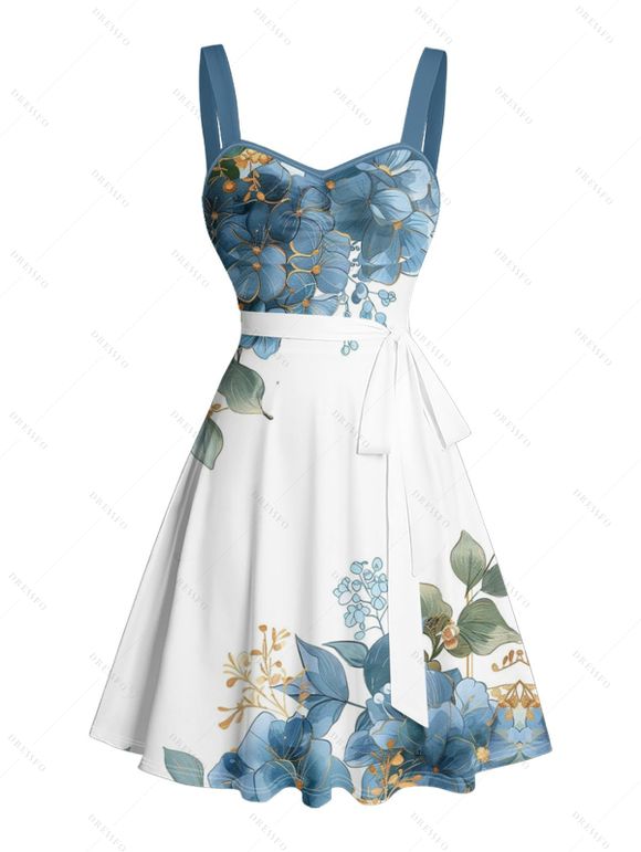 Robe de vacances asymétrique à motif floral et feuilles, buste froncé, ceinture, col en cœur, mini-robe décontractée trapèze - Bleu gris XXXXXL | US 20