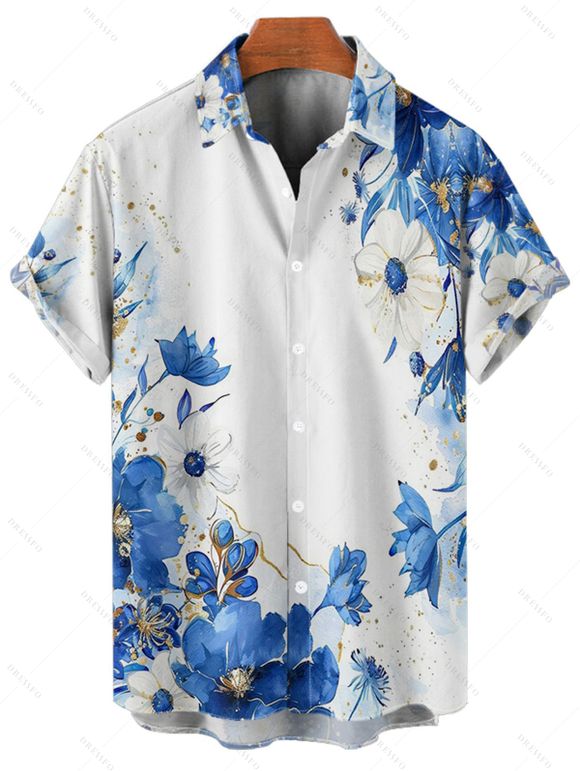 Chemise de vacances à motif floral et pois pour homme, boutonnée, retroussée, manches courtes, décontractée - Bleu 5XL