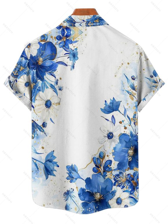 Chemise de vacances à motif floral et pois pour homme, boutonnée, retroussée, manches courtes, décontractée - Bleu 4XL