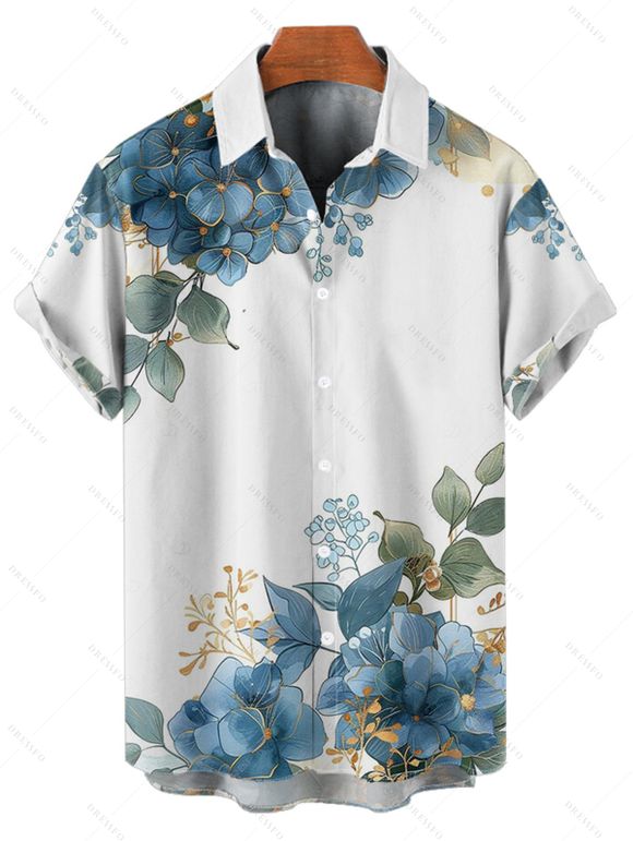 Chemise de vacances asymétrique à motif floral et feuilles pour homme, boutonnée, retroussée, manches courtes, décontractée - Bleu gris 5XL