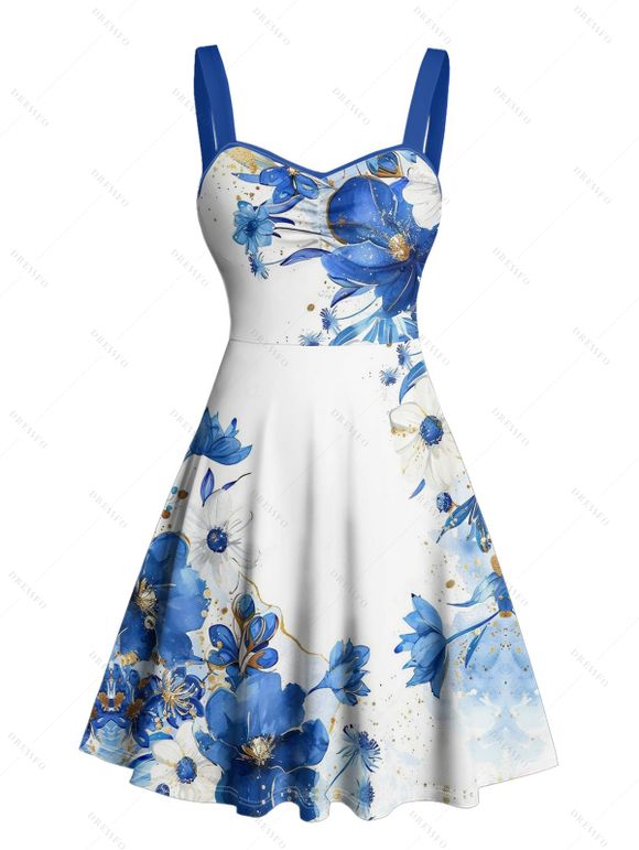 Robe de vacances à motif floral et pois, buste froncé, ceinture, col en cœur, coupe trapèze, mini, décontractée - Bleu XXXXXL | US 20