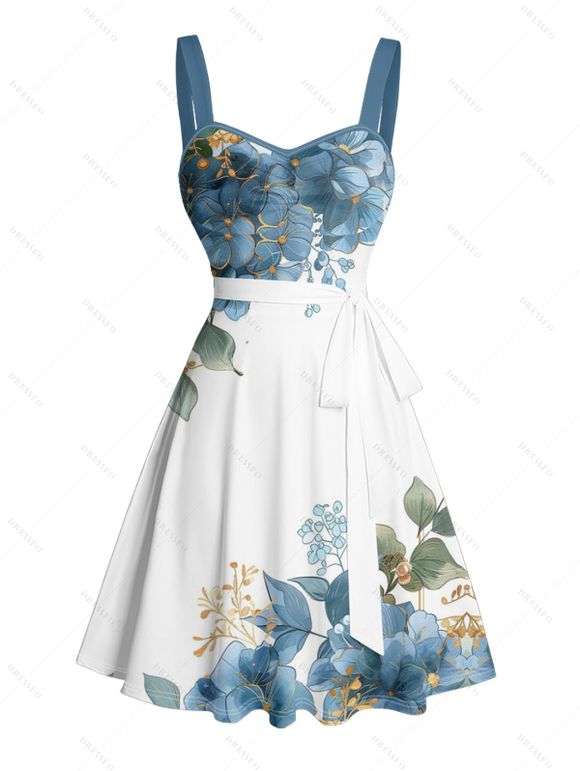 Vacation Couple Outfit Asymmetrical Floral Leaf Pattern Ruched Bust Belt Sweetheart Neck A Line Mini Dress and Button Up Shirt Casual Matching Outfit - Bleu gris S | US 4