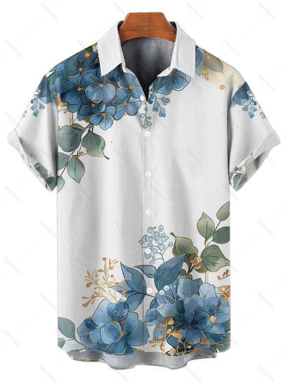 Vacation Couple Outfit Asymmetrical Floral Leaf Pattern Ruched Bust Belt Sweetheart Neck A Line Mini Dress and Button Up Shirt Casual Matching Outfit - Bleu gris S | US 4