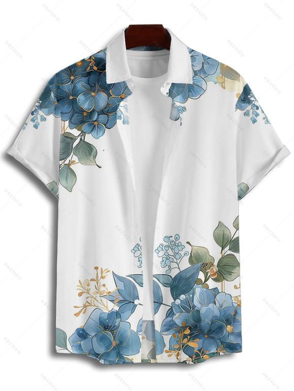 Vacation Couple Outfit Asymmetrical Floral Leaf Pattern Ruched Bust Belt Sweetheart Neck A Line Mini Dress and Button Up Shirt Casual Matching Outfit - Bleu gris S | US 4