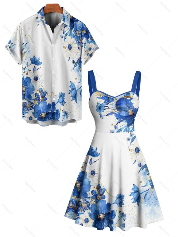 Vacation Couple Outfit Floral Leaf Dots Pattern Ruched Bust Belt Sweetheart Neck A Line Mini Dress and Button Up Shirt Casual Matching Outfit - Bleu S | US 4
