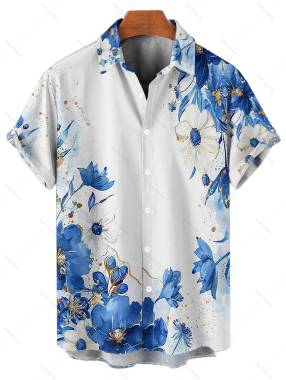 Vacation Couple Outfit Floral Leaf Dots Pattern Ruched Bust Belt Sweetheart Neck A Line Mini Dress and Button Up Shirt Casual Matching Outfit - Bleu S | US 4