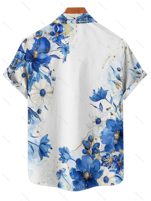 Vacation Couple Outfit Floral Leaf Dots Pattern Ruched Bust Belt Sweetheart Neck A Line Mini Dress and Button Up Shirt Casual Matching Outfit - Bleu S | US 4