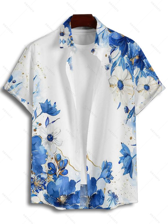 Vacation Couple Outfit Floral Leaf Dots Pattern Ruched Bust Belt Sweetheart Neck A Line Mini Dress and Button Up Shirt Casual Matching Outfit - Bleu S | US 4