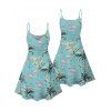 Robe de vacances à motif flamant rose et cocotier, bretelles spaghetti, col en V, coupe trapèze, mini-robe de plage - Vert clair XXXXXL | US 20