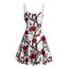 Robe gothique à motif de branches de rosier sur toute la surface, buste froncé, col en cœur, mini robe de vacances trapèze - Rouge foncé XXXXXL | US 20