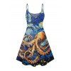 Robe de vacances à motif de peinture à l'huile tourbillonnante de Van Gogh avec bretelles spaghetti et col en V - Bleu XXXXXL | US 20