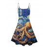 Robe de vacances à motif de peinture à l'huile tourbillonnante de Van Gogh avec bretelles spaghetti et col en V - Bleu XXXXXL | US 20
