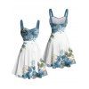 Robe de vacances asymétrique à motif floral et feuilles, buste froncé, ceinture, col en cœur, mini-robe décontractée trapèze - Bleu gris XXXXXL | US 20