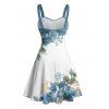 Robe de vacances asymétrique à motif floral et feuilles, buste froncé, ceinture, col en cœur, mini-robe décontractée trapèze - Bleu gris XXXXXL | US 20