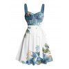 Robe de vacances asymétrique à motif floral et feuilles, buste froncé, ceinture, col en cœur, mini-robe décontractée trapèze - Bleu gris XXXXXL | US 20