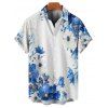 Chemise de vacances à motif floral et pois pour homme, boutonnée, retroussée, manches courtes, décontractée - Bleu 5XL