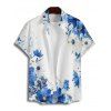 Chemise de vacances à motif floral et pois pour homme, boutonnée, retroussée, manches courtes, décontractée - Bleu 5XL