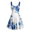 Robe de vacances à motif floral et pois, buste froncé, ceinture, col en cœur, coupe trapèze, mini, décontractée - Bleu XXXXXL | US 20