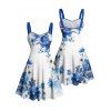 Robe de vacances à motif floral et pois, buste froncé, ceinture, col en cœur, coupe trapèze, mini, décontractée - Bleu XXXXXL | US 20