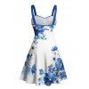 Robe de vacances à motif floral et pois, buste froncé, ceinture, col en cœur, coupe trapèze, mini, décontractée - Bleu XXXXXL | US 20