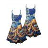 Vacation Couple Outfit Octopus Van Gogh Swirl Oil Painting Pattern Spaghetti Strap Tank Dress and Button Up Shirt Beach Matching Outfit - Bleu S | US 4