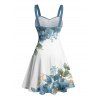 Vacation Couple Outfit Asymmetrical Floral Leaf Pattern Ruched Bust Belt Sweetheart Neck A Line Mini Dress and Button Up Shirt Casual Matching Outfit - Bleu gris S | US 4