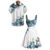 Vacation Couple Outfit Asymmetrical Floral Leaf Pattern Ruched Bust Belt Sweetheart Neck A Line Mini Dress and Button Up Shirt Casual Matching Outfit - Bleu gris S | US 4