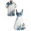 Vacation Couple Outfit Asymmetrical Floral Leaf Pattern Ruched Bust Belt Sweetheart Neck A Line Mini Dress and Button Up Shirt Casual Matching Outfit - Bleu gris S | US 4