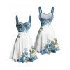 Vacation Couple Outfit Asymmetrical Floral Leaf Pattern Ruched Bust Belt Sweetheart Neck A Line Mini Dress and Button Up Shirt Casual Matching Outfit - Bleu gris S | US 4