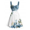 Vacation Couple Outfit Asymmetrical Floral Leaf Pattern Ruched Bust Belt Sweetheart Neck A Line Mini Dress and Button Up Shirt Casual Matching Outfit - Bleu gris S | US 4