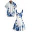 Vacation Couple Outfit Floral Leaf Dots Pattern Ruched Bust Belt Sweetheart Neck A Line Mini Dress and Button Up Shirt Casual Matching Outfit - Bleu S | US 4