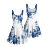 Vacation Couple Outfit Floral Leaf Dots Pattern Ruched Bust Belt Sweetheart Neck A Line Mini Dress and Button Up Shirt Casual Matching Outfit - Bleu S | US 4