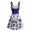 Gothic Couple Outfit Colorblock Skulls Marine Life Pattern Ruched Bust Sweetheart Neck A Line Mini Dress and Button Up Shirt Vacation Matching Outfit - Bleu profond S | US 4