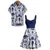 Gothic Couple Outfit Colorblock Skulls Marine Life Pattern Ruched Bust Sweetheart Neck A Line Mini Dress and Button Up Shirt Vacation Matching Outfit - Bleu profond S | US 4