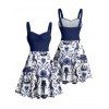 Gothic Couple Outfit Colorblock Skulls Marine Life Pattern Ruched Bust Sweetheart Neck A Line Mini Dress and Button Up Shirt Vacation Matching Outfit - Bleu profond S | US 4