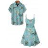 Vacation Couple Outfit Coconut Tree Flamingo Pattern Spaghetti Strap V Neck A Line Mini Tank Dress and Button Up Shirt Beach Matching Outfit - Vert clair S | US 4