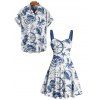 Vacation Couple Outfit Marine Life Octopus Starfish Anchor Pattern Ruched Bust Dress and Button Up Shirt Beach Matching Outfit - Blanc S | US 4