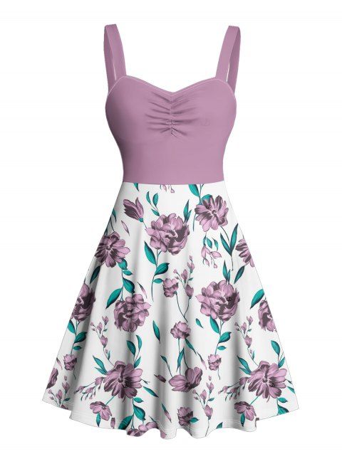 Robe de vacances à motif floral et feuilles, buste froncé, col en cœur, coupe trapèze, mini, décontractée