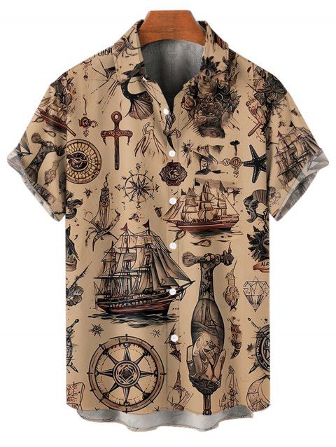 Chemise de vacances à manches courtes et boutons pour homme, motif ancre de bateau et éléments océaniques, style vintage