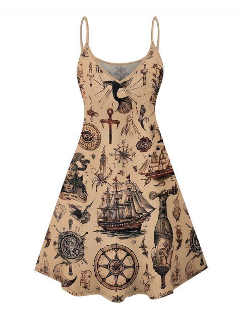 Robe de vacances à motif croisé et ancre de navire Ocean Elements, bretelles spaghetti, col en V, coupe trapèze, mini-robe vintage