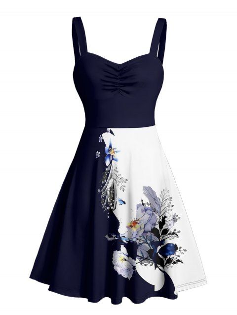 Robe de vacances à motif de feuilles et de fleurs de couleur contrastée, buste froncé, col en cœur, robe trapèze décontractée mini