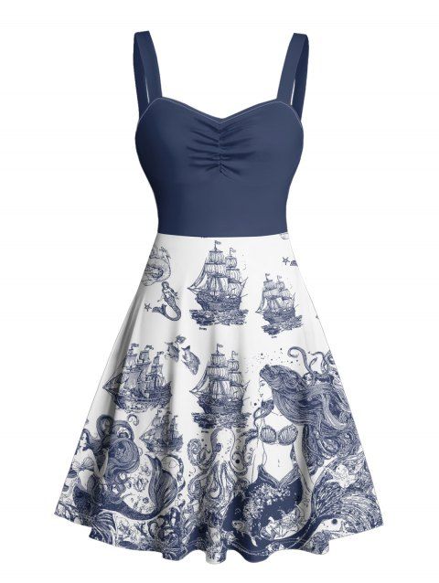 Robe de plage courte à col en cœur et motif sirène, motif pieuvre et vagues, motif de vacances, buste froncé