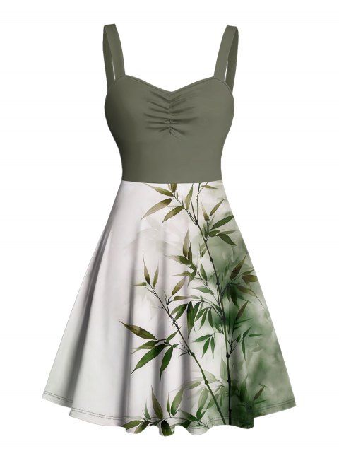 Robe de vacances à motif de feuilles de bambou ombré, buste froncé, col en cœur, robe trapèze décontractée courte