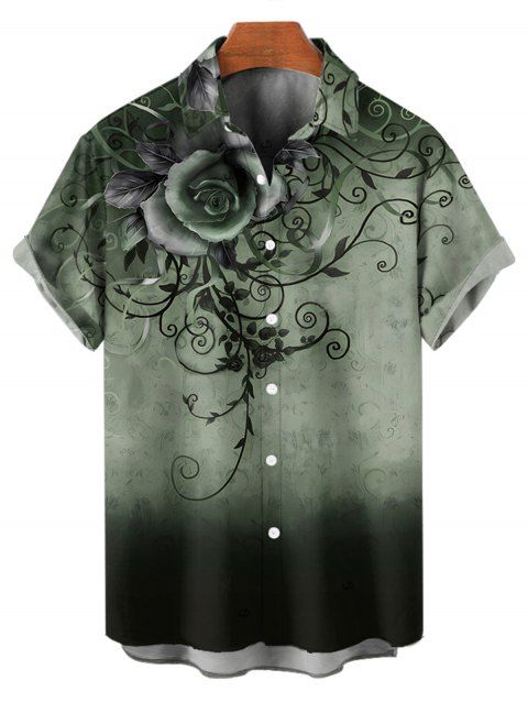 Chemise de vacances décontractée à manches courtes et boutons pour homme, motif tourbillon de fleurs et de feuilles ombré