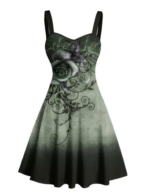 Robe de vacances à motif tourbillonnant de fleurs et de feuilles ombrées, buste froncé, col en cœur, robe trapèze mini décontractée