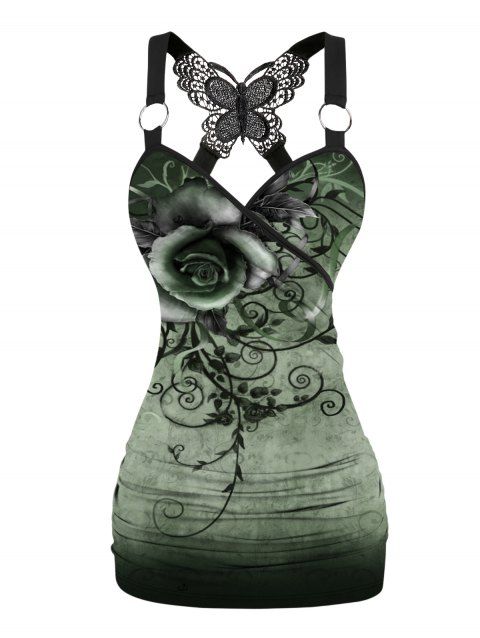 Ombre Flower Leaf Swirl Pattern Butterfly Lace Ruched Vacation Tank Top Surplice O Ring Strap Casual Long Top