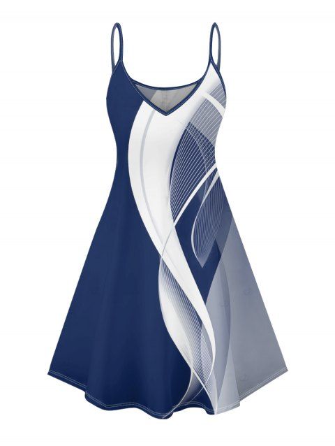 Robe d'été sans manches à imprimé lignes abstraites, col en V, taille haute, bretelles spaghetti, coupe trapèze